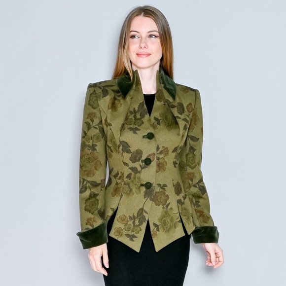 670. VINTAGE Patricia Rhodes Couture Wool Floral Green Jacket Sz 6 - Picture 1 of 9